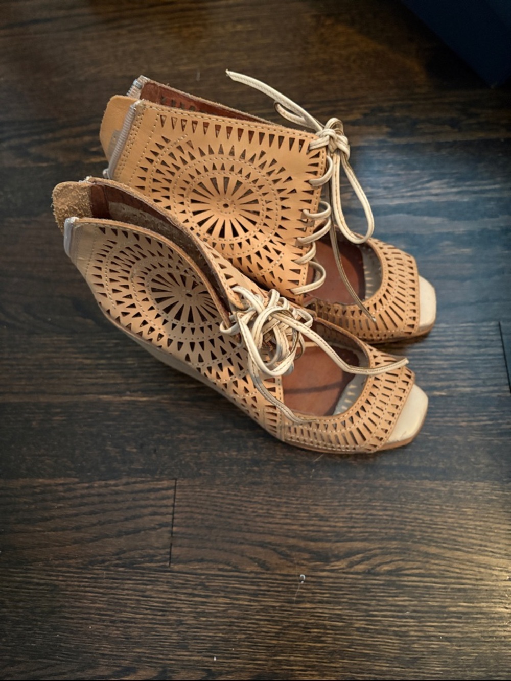 Jeffrey Campbell Tan Laser-Cut Lace-Up Peep-Toe Wedge Heels